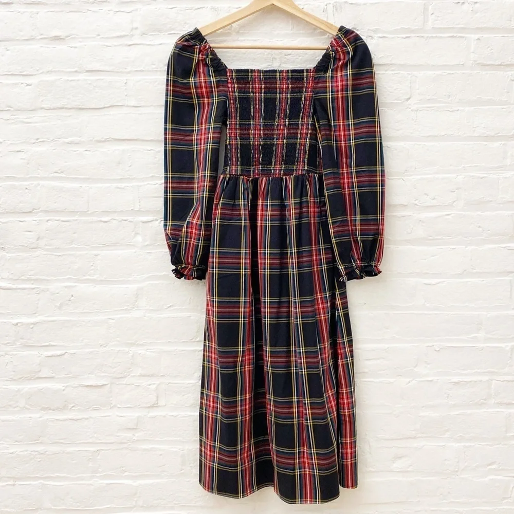 J. Crew‎ || Tartan Plaid Smocked Holiday Midi Dress Black XXS Petite